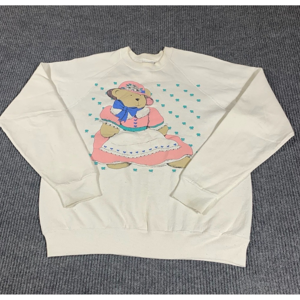 Vtg Lee Sweatshirt Womens XL White Crewneck Teddy‎ Bear Pullover Retro Faded 90s